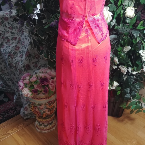 PINK/ORANGE 2 PC TOP AND SKIRT EMBROIDERED LACE SZ M/L - Picture 5 of 6